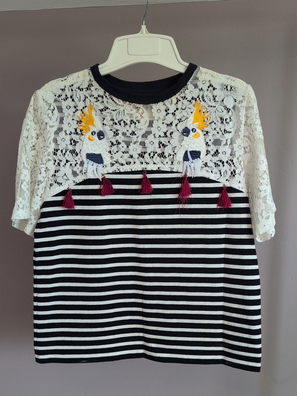 Anthropologie Betina Short Sleeve Striped Top Embroidered Birds Embellishments